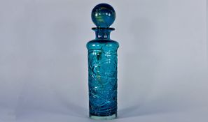 Mdina - Early Blue Crackle Glass Decanter and Stopper, with Mdina label to side. c.1970`s. 11.5
