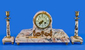 A Fine Quality French Pink Rouge Marble 3 Piece Clock Set with enameled coloured dial painted with