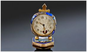 Art Nouveau Brevet Miniature Metal And Enamel Clock with visual heart shaped pendulum. Number