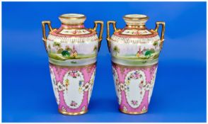 Pair of Noritake Two-Handled Vases, elongated ovoid bodies, decorated with opposing rural scenes,