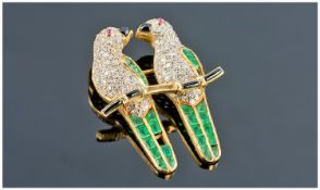 18ct Gold Novelty Brooch Modelled In The Form Of Two Perched Parrots The Bodies Pave Set With Round
