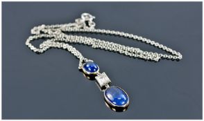 Diamond And Sapphire Drop Pendant, Step Cut Diamond Set Between Two Cabochon Cut Sapphires,