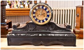 Marti & Cie French 19thC Black Slate And Marble Mantel Clock of fluted drum form on an S scroll