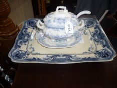 Late Victorian Burslem Blue and White Serving Platter, with gilt highlights, together with a blue