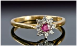 18ct Gold Ruby And Diamond Ring, Central Ruby Surrounded By Round Cut Diamonds, Fully Hallmarked,
