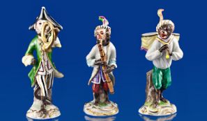 Volkstedt Hausmaler Small Monkey Band Figures. Circa 1890`s. 3 in total. 4.5`` & 4.75`` in height.