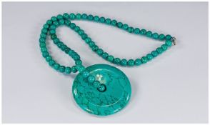 Turquoise Statement Pendant Necklace, large circular piece of Mojave Desert mined turquoise, shaped