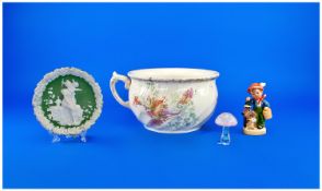Small Collection of Ceramics, comprising late Victorian chamber pot, German jasperware wall plaque,