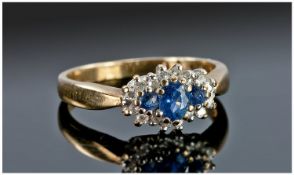 9ct Gold Diamond Ring, Set With Three Central Blue Stones Surrounded By Round Cut Diamonds, Fully