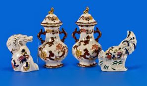 Four Pieces of Masons Pottery `Mandalay` pattern comprising pair of matching lidded vases, lion and