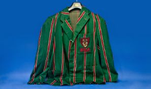Keswick School, Cumbria Early 20thC School Jacket. Green With Red Stripe And Badge ``Levavi