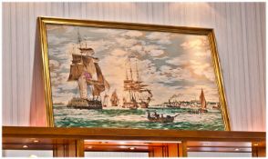 Large Framed Tapestry, Galleon Battle Scene, gilt frame.