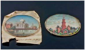 Two Late 19thC Indian Portrait Miniatures, Both Of Oval Form One Showing The Qutab Minar Near Delhi