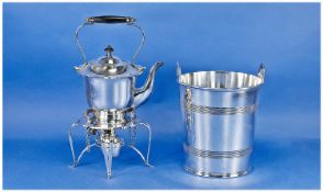 Silver Plated Spirit Kettle Together With A Plated Ice Bucket.