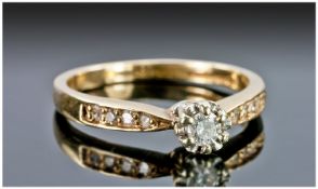 9ct Gold Diamond Ring, Set with A Round Brilliant Cut Diamond Diamond Set Shoulders, Fully