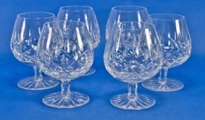 Waterford Crystal Set of Six Cut Glass Lismore Brandy Glasses, all with cut bowls, faceted stems