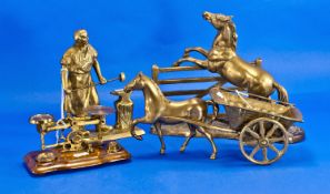 Collection of Brassware, comprising three solid brass figural items, a blacksmith, a horse jumping