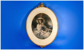 Mezzatint of Young Lady in oval gilt frame. 15 by 19 inches.