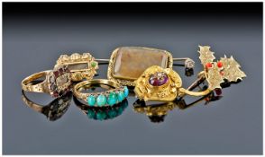Small Collection Of 19thC Early 20thC Jewellery, Comprising 15ct Gold Turquoise Ring Set With Five