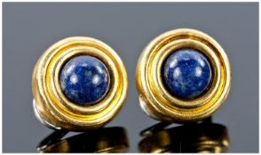 Pair Of 18ct Gold Earrings Of Double Ring Moulded Form Each Set With A Lapis Lazuli Cabochon,