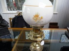 Brass Oil Lamp And Glass Shade, Height 18 Inches