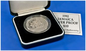 1992 Jamaica Silver Proof $10 Piece, boxed, complete with a certificate of authenticity from the