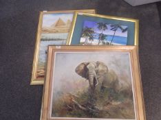 Collection of Decorative Oil Pictures, including elephant picture, tropical beach scene and an