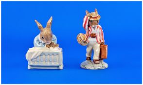 Royal Doulton Bunnykins. 1, New baby, issued 1995. 2, Father bunnykins of the year 1995 with