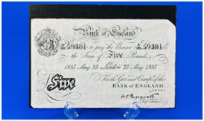 Bank Of England Peppiatt Five Pound Note, A 186 59381 1935 May 25 London.