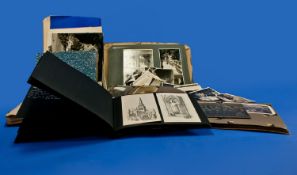 Box of Photography Albums and photographs plus a book of old matchbox labels.