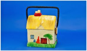 Art Deco Hand Painted Biscuit Pot, in the form of a cottage.