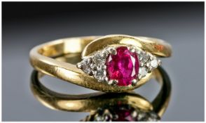 18ct Gold Ruby And Diamond Ring,Central Ruby Set Between Six Round Cut Diamonds On A Twist,  Fully