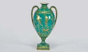 Royal Crown Derby Two Handled Urn Shaped Vase. Circa 1890`s. 9`` in height.