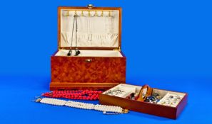 Modern Jewellery Box, in birds eye maple effect, containing a small collection of jewellery,