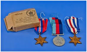 Set Of Three WW2 Medals, With Addressed Card Box.