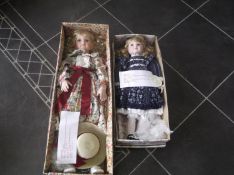 Two Hanah Collectable Porcelain Dolls, modern, `Rebecca`, and `Caroline` with stand, both boxed,