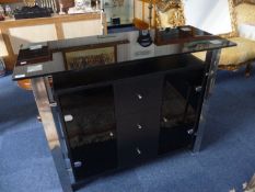 Contemporary Black Glass and Chrome Framed Side Cabinet, fitted with two doors and three drawers,