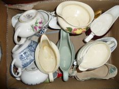 Box Containing a Collection of Various Sauce Boats, including Victorian blue and white pieces,