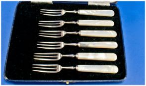 Set Of Six Mother Of Pearl Handled Silver Dessert Forks, Hallmarked For Mappin & Webb.