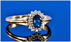 9ct Gold Sapphire And Diamond Cluster Ring, Central Blue Sapphire Surrounded By Round Cut Diamonds,