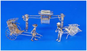 Early 20th Century Miniature Silver Chinese Figures, pulling various carriages. All fully marked.