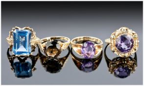 Four 9ct Gold Dress Rings, Set With Single Coloured Stones, All Fully Hallmarked.