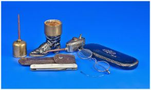 Misc Lot Of Miniature Oil Can, Miniature Can, Mother Of Pearl Fruit Knife, Miniature Shoe Match