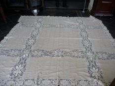 Large Nineteenth Century Brussels Work Tablecloth. With pink cotton stitching depicting flowers.