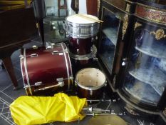 Drum Set By Stagg with large drum and four side drums and symbol. With bag of metal mountings.