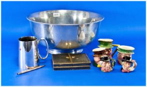 Large Silver Plated Punch Bowl, containing a collection of items, including three miniature