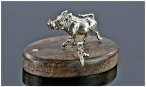 Silver Menu Holder In The Form Of A Hog, Raised On A Wooden Base.