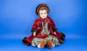 Early-Mid 20th Century Bisque Head Doll, sleeping deep blue eyes with attached metal eyelids,