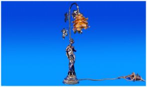 Art Nouveau Style Figural Table Lamp, in resin, resembling bronze, with amber glass shade,