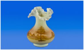 Early 20th Century Opaline Glass Vase, of onion shape, with wavy edge to top, hand painted